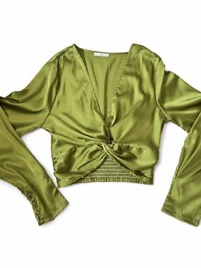 Timing Olive Green Twist-Front Satin Crop Top